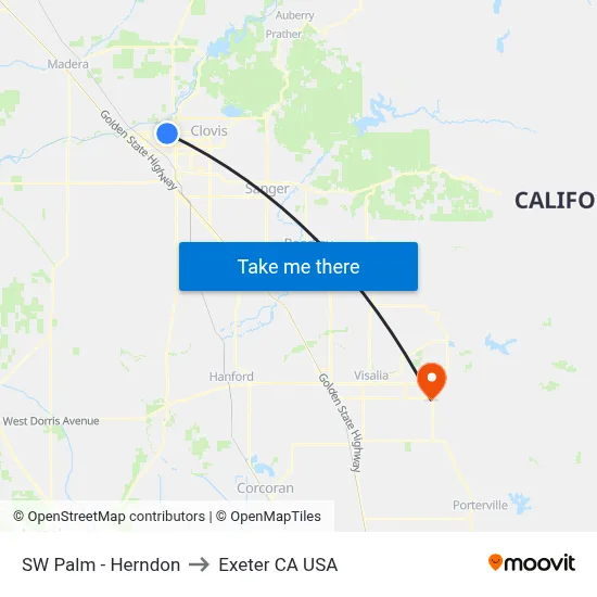 SW Palm - Herndon to Exeter CA USA map