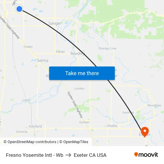 Fresno Yosemite International Airport to Exeter CA USA map