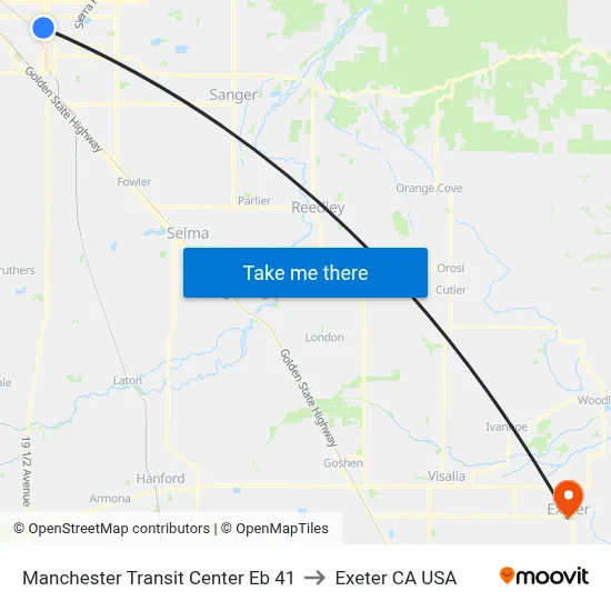 Manchester Transit Center Eb 41 to Exeter CA USA map
