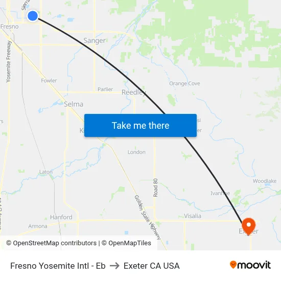 Fresno Yosemite Intl - Eb to Exeter CA USA map