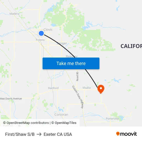 First/Shaw S/B to Exeter CA USA map