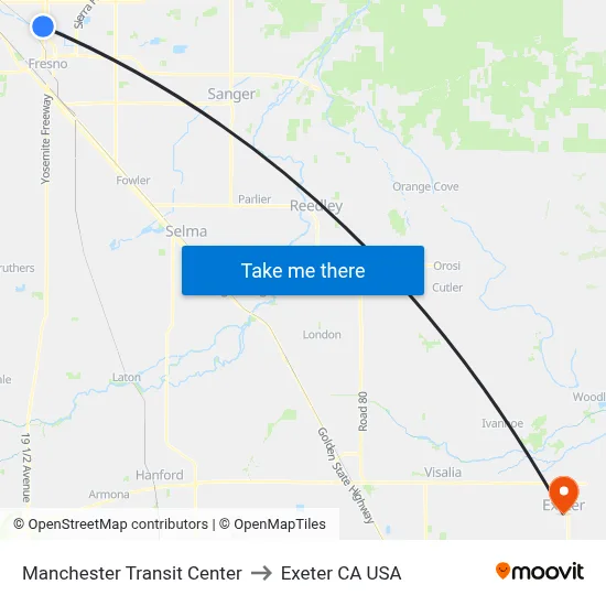 Manchester Transit Center to Exeter CA USA map