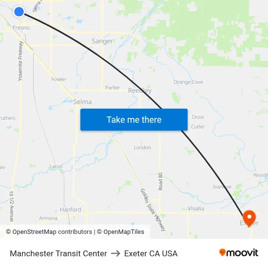 Manchester Transit Center to Exeter CA USA map