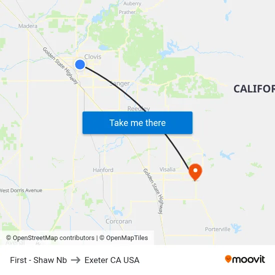 First - Shaw Nb to Exeter CA USA map
