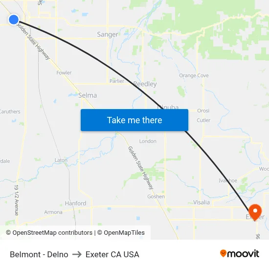 Belmont - Delno to Exeter CA USA map