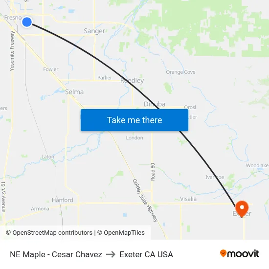 NE Maple - Cesar Chavez to Exeter CA USA map