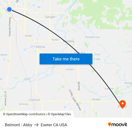 Belmont - Abby to Exeter CA USA map