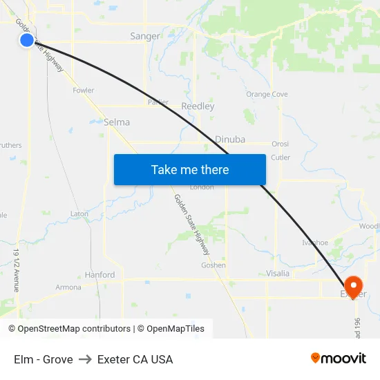 Elm - Grove to Exeter CA USA map