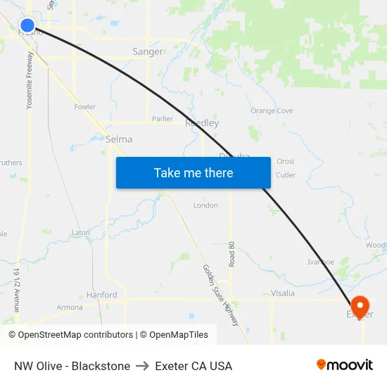 NW Olive - Blackstone to Exeter CA USA map