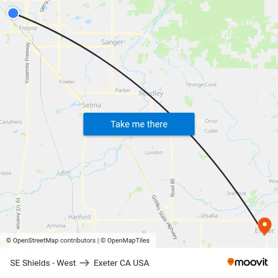SE Shields - West to Exeter CA USA map