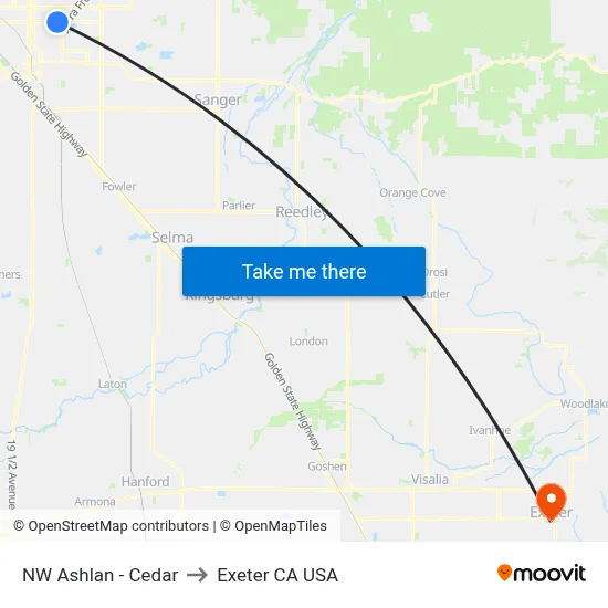 NW Ashlan - Cedar to Exeter CA USA map