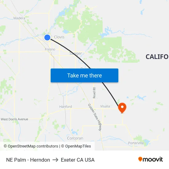 NE Palm - Herndon to Exeter CA USA map