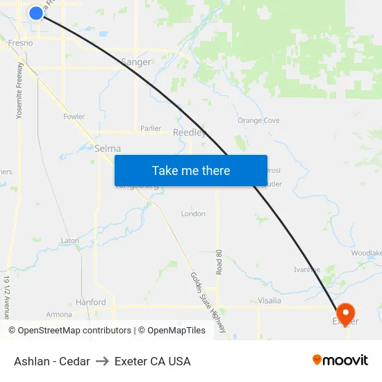 Ashlan - Cedar to Exeter CA USA map