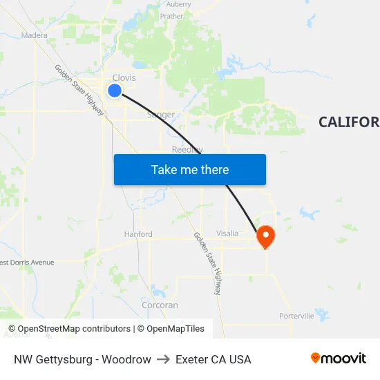 NW Gettysburg - Woodrow to Exeter CA USA map