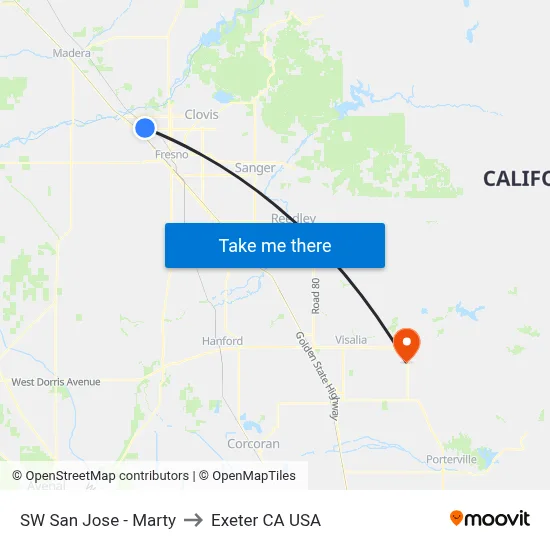 SW San Jose - Marty to Exeter CA USA map