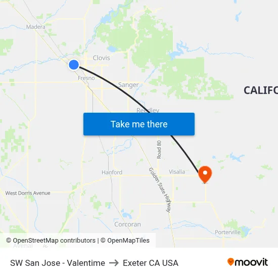 SW San Jose - Valentime to Exeter CA USA map