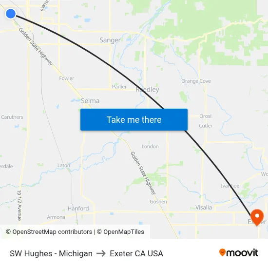 SW Hughes - Michigan to Exeter CA USA map