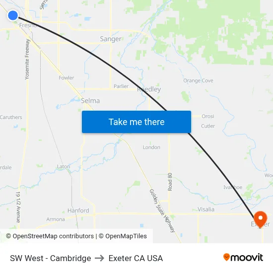 SW West - Cambridge to Exeter CA USA map