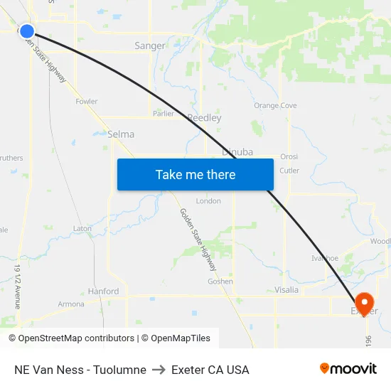 NE Van Ness - Tuolumne (Rt 32-34-38 Temporary) to Exeter CA USA map