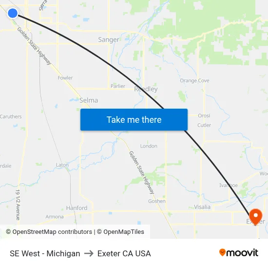 SE West - Michigan to Exeter CA USA map
