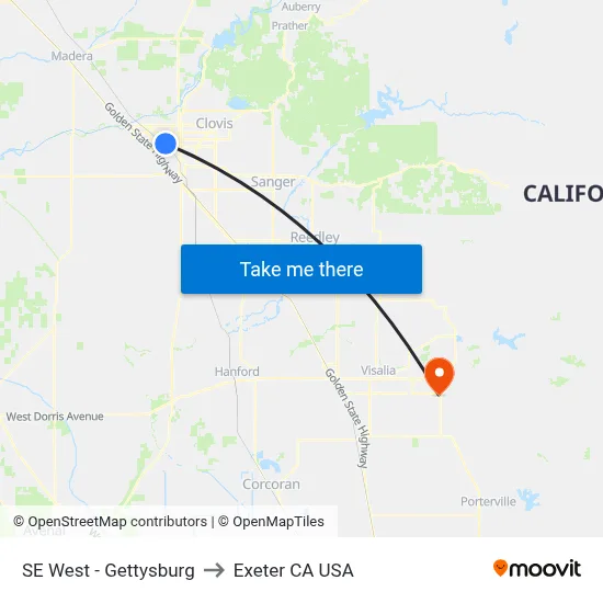 SE West - Gettysburg to Exeter CA USA map