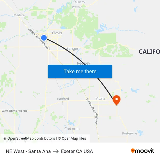 NE West - Santa Ana to Exeter CA USA map