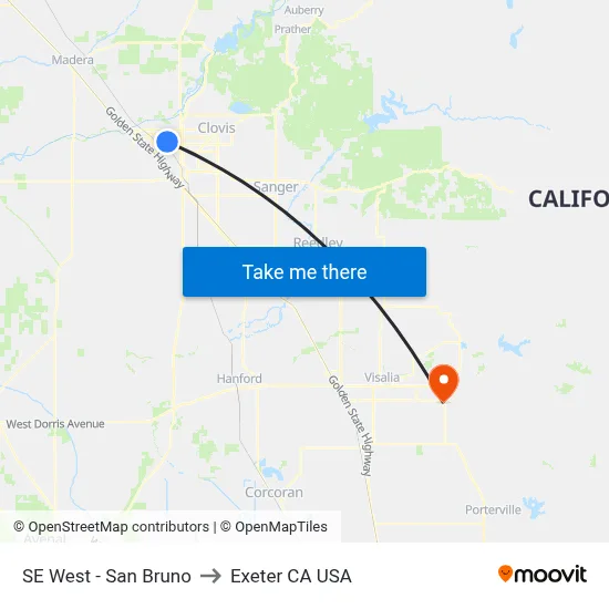 SE West - San Bruno to Exeter CA USA map