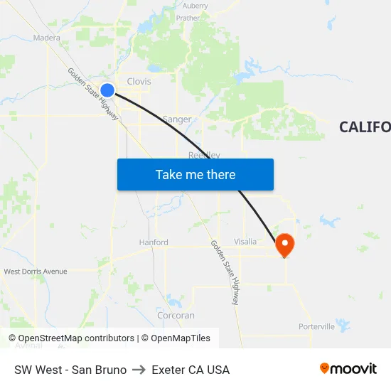 SW West - San Bruno to Exeter CA USA map