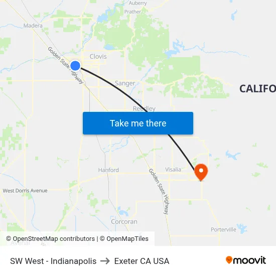 SW West - Indianapolis to Exeter CA USA map