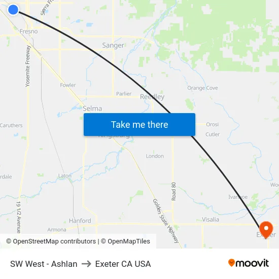 SW West - Ashlan to Exeter CA USA map