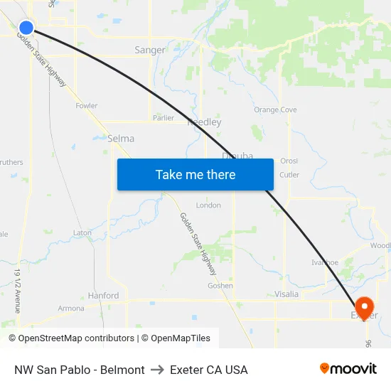 NW San Pablo - Belmont to Exeter CA USA map