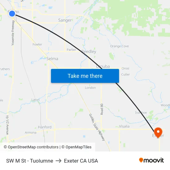 SW M St - Tuolumne to Exeter CA USA map