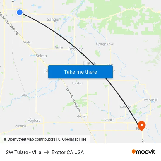 SW Tulare - Villa to Exeter CA USA map