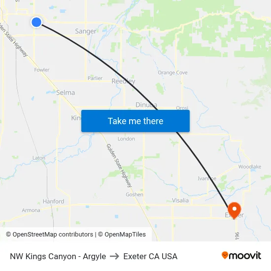 NW Kings Canyon - Argyle to Exeter CA USA map