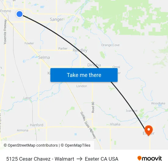 5125 Cesar Chavez - Walmart to Exeter CA USA map