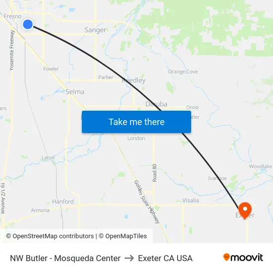 NW Butler - Mosqueda Center to Exeter CA USA map