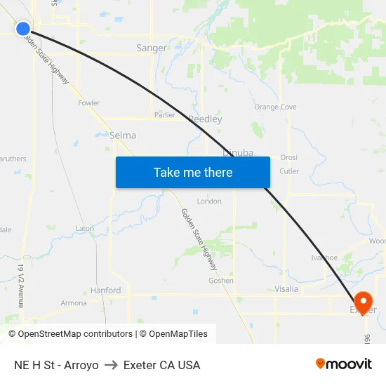 NE H St - Arroyo to Exeter CA USA map