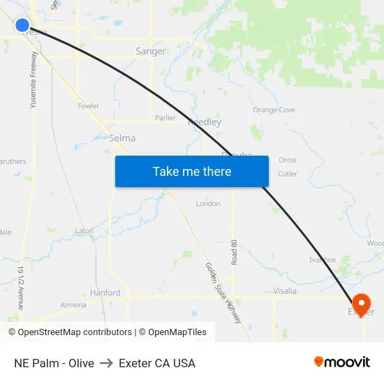 NE Palm - Olive to Exeter CA USA map
