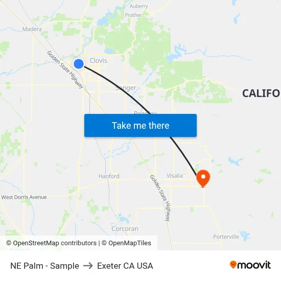 NE Palm - Sample to Exeter CA USA map