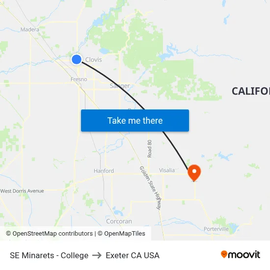 SE Minarets - College to Exeter CA USA map