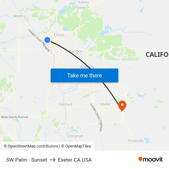SW Palm - Sunset to Exeter CA USA map
