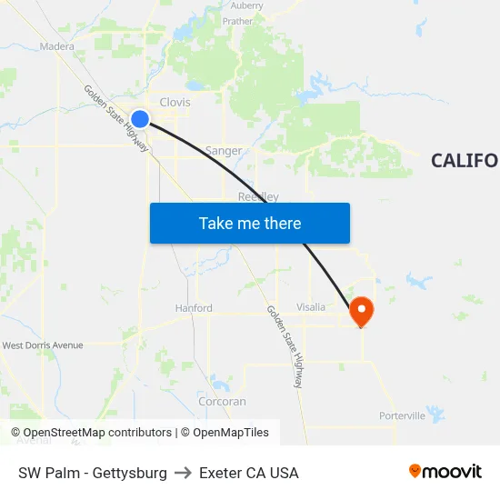 SW Palm - Gettysburg to Exeter CA USA map