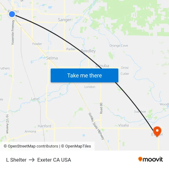 L Shelter to Exeter CA USA map