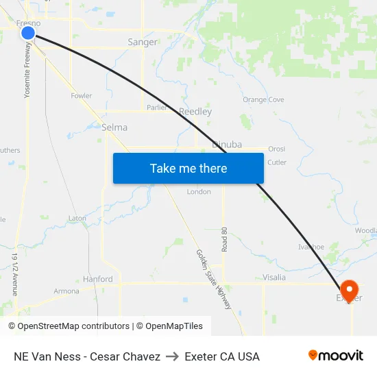 NE Van Ness - Cesar Chavez to Exeter CA USA map