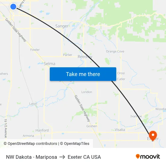 NW Dakota - Mariposa to Exeter CA USA map