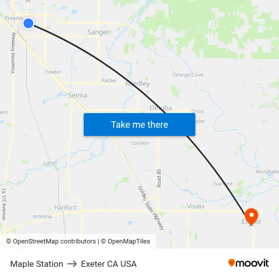 Maple Station to Exeter CA USA map