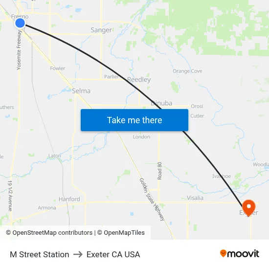 M Street Station to Exeter CA USA map