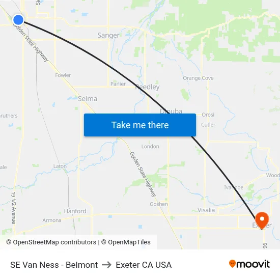 SE Van Ness - Belmont to Exeter CA USA map