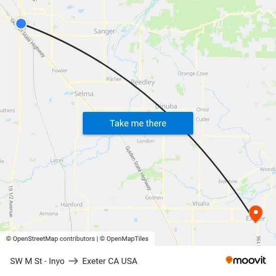 SW M St - Inyo to Exeter CA USA map