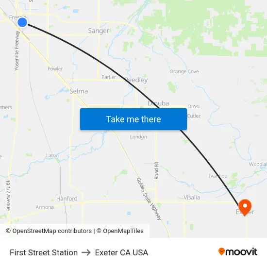 First Street Station to Exeter CA USA map